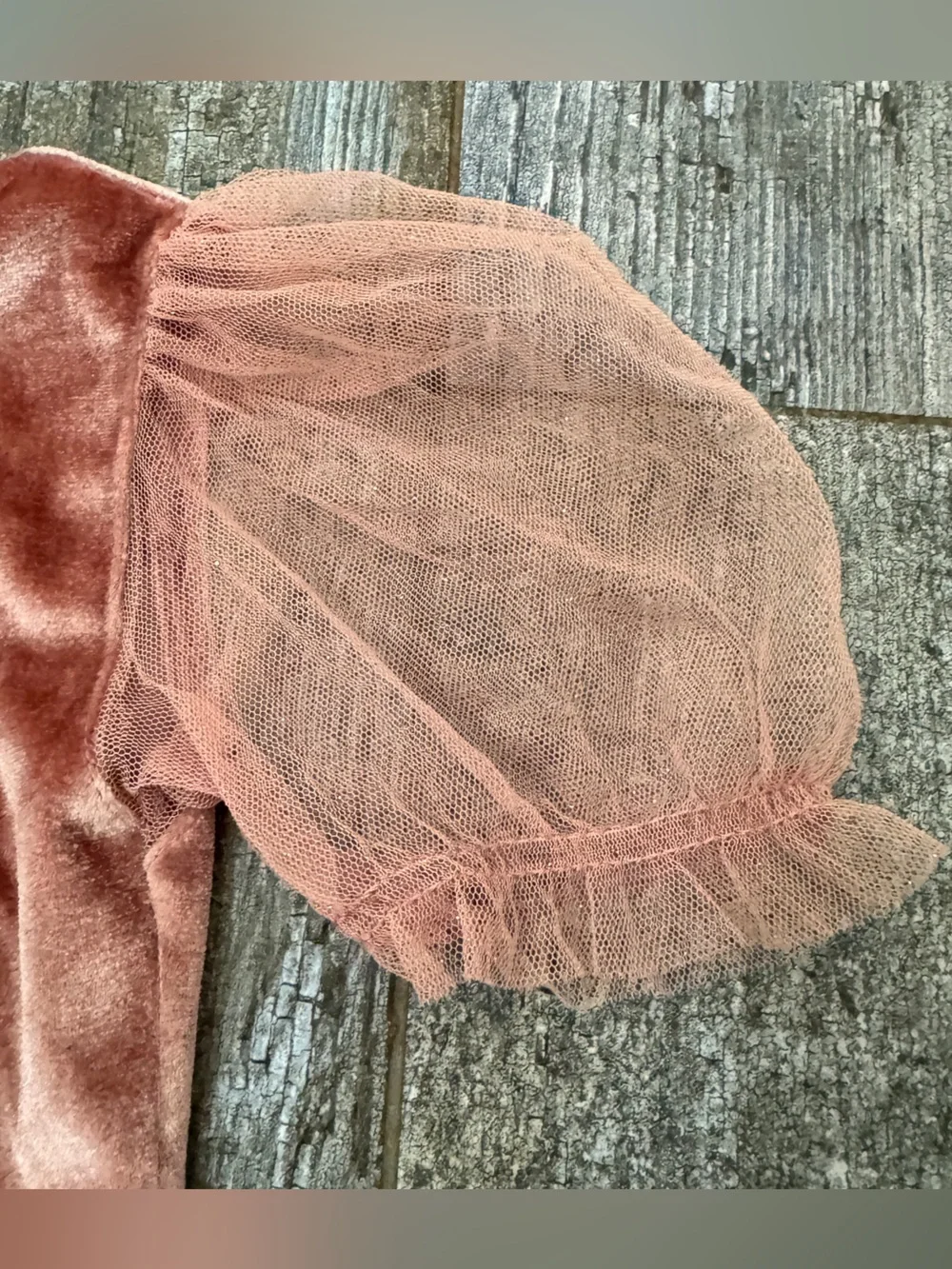Zara Velvet One-Piece Bodysuit with Tulle Puff Sleeves - Rose